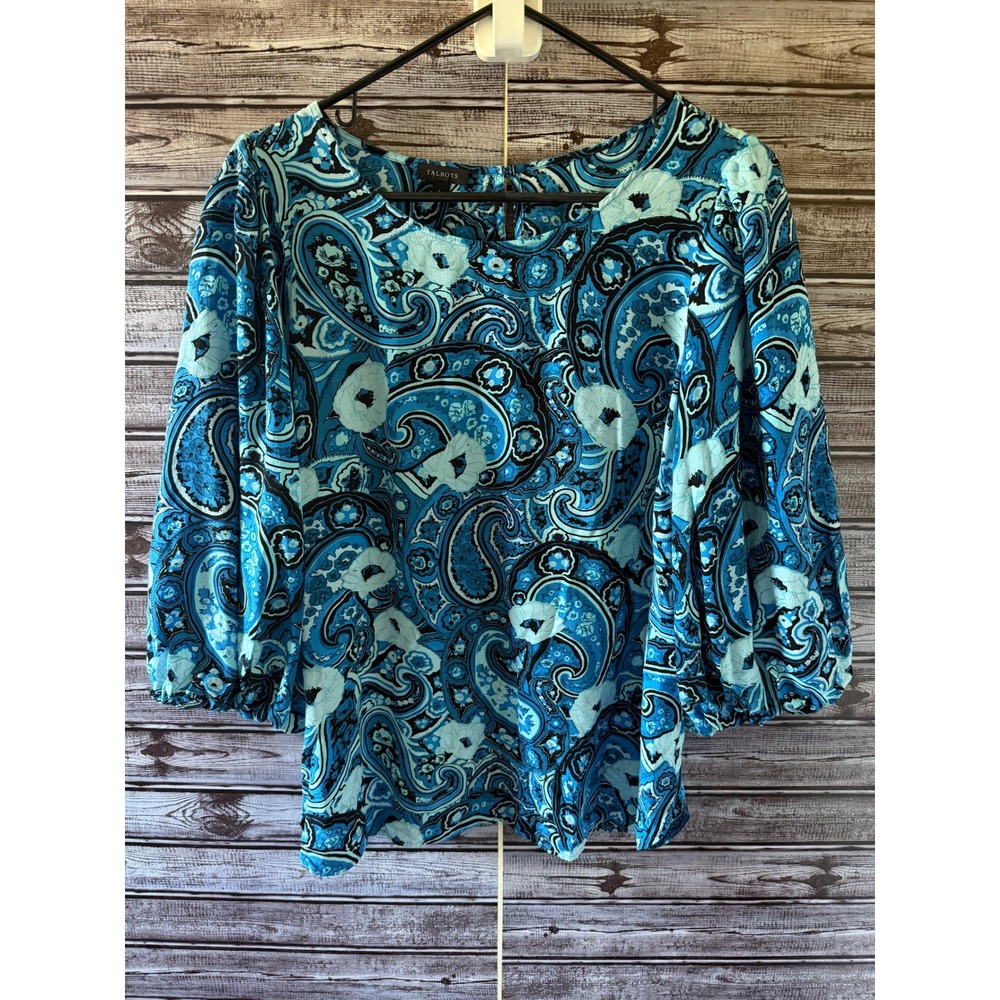 Talbots Women's Blouse Size L Blue Paisley Balloon 3/4 Sleeve